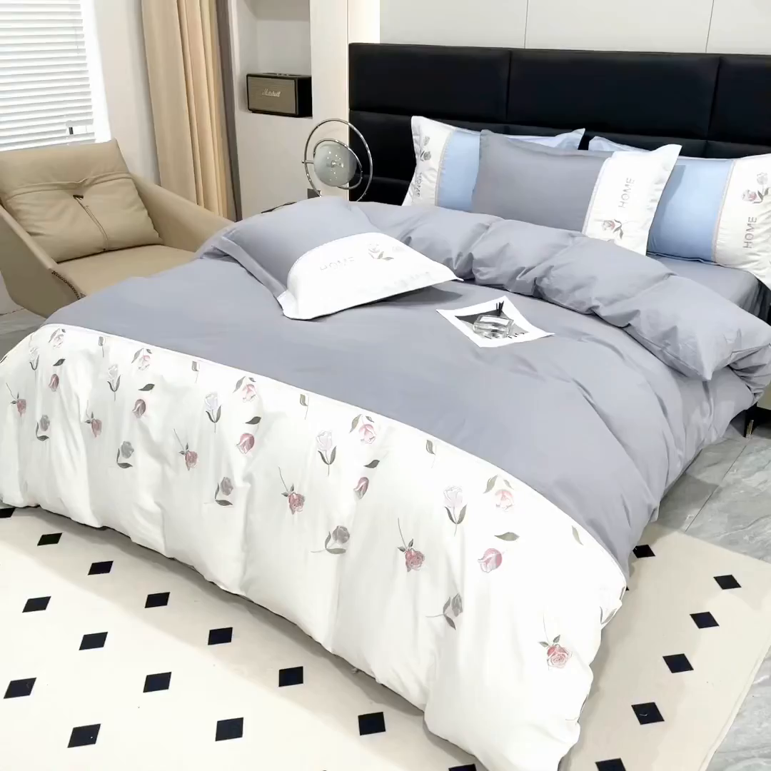 91家纺网 家纺一手货源 找家纺 优姿家纺 2026新款全棉拼接绣花四件套 繁花灰