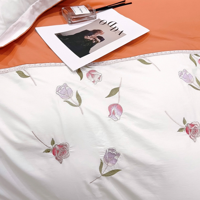 91家纺网 家纺一手货源 找家纺 优姿家纺 2026新款全棉拼接绣花四件套 繁花桔