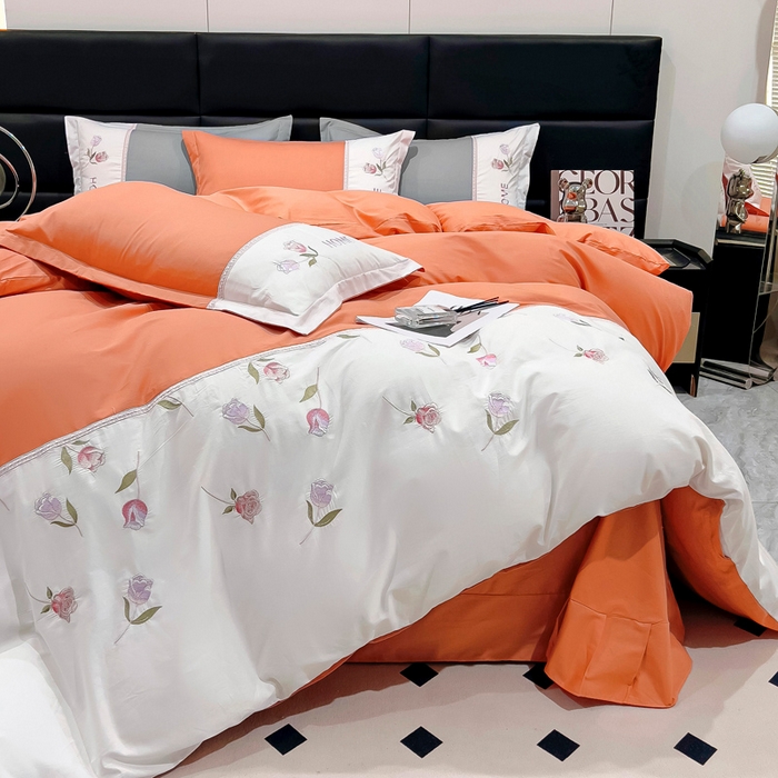 91家纺网 家纺一手货源 找家纺 优姿家纺 2026新款全棉拼接绣花四件套 繁花桔