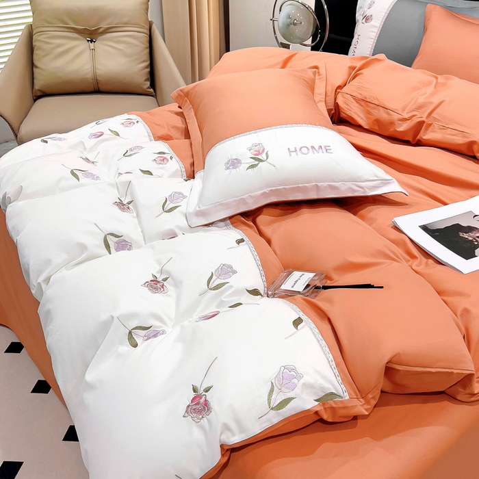 91家纺网 家纺一手货源 找家纺 优姿家纺 2026新款全棉拼接绣花四件套 繁花桔