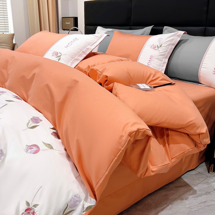 91家纺网 家纺一手货源 找家纺 优姿家纺 2026新款全棉拼接绣花四件套 繁花桔