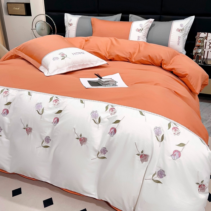 91家纺网 家纺一手货源 找家纺 优姿家纺 2026新款全棉拼接绣花四件套 繁花桔