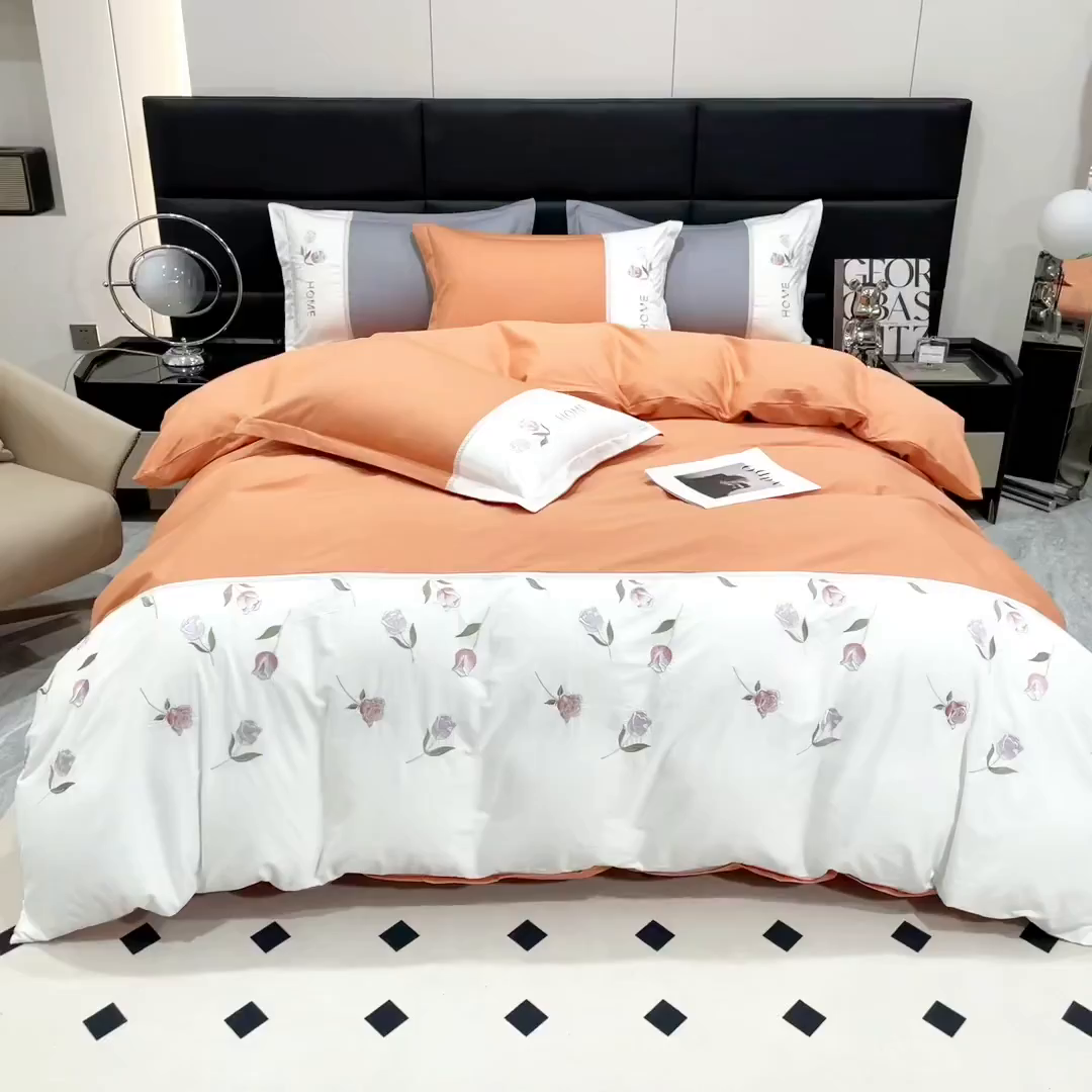 91家纺网 家纺一手货源 找家纺 优姿家纺 2026新款全棉拼接绣花四件套 繁花桔