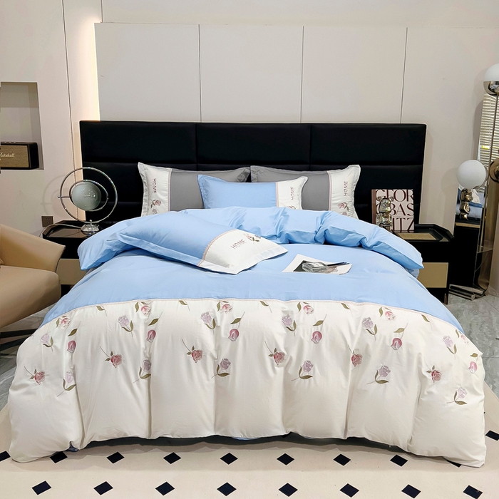 优姿家纺 2026新款全棉拼接绣花四件套 繁花蓝