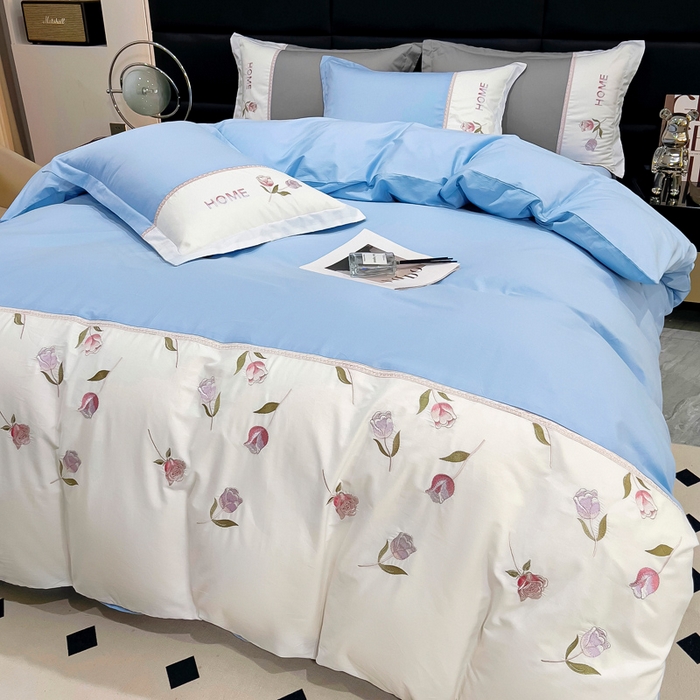 91家纺网 家纺一手货源 找家纺 优姿家纺 2026新款全棉拼接绣花四件套 繁花蓝