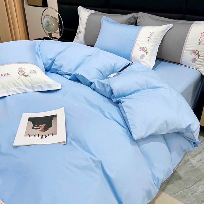 91家纺网 家纺一手货源 找家纺 优姿家纺 2026新款全棉拼接绣花四件套 繁花蓝