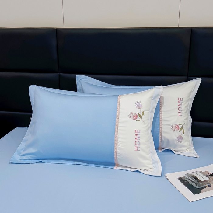 91家纺网 家纺一手货源 找家纺 优姿家纺 2026新款全棉拼接绣花四件套 繁花蓝