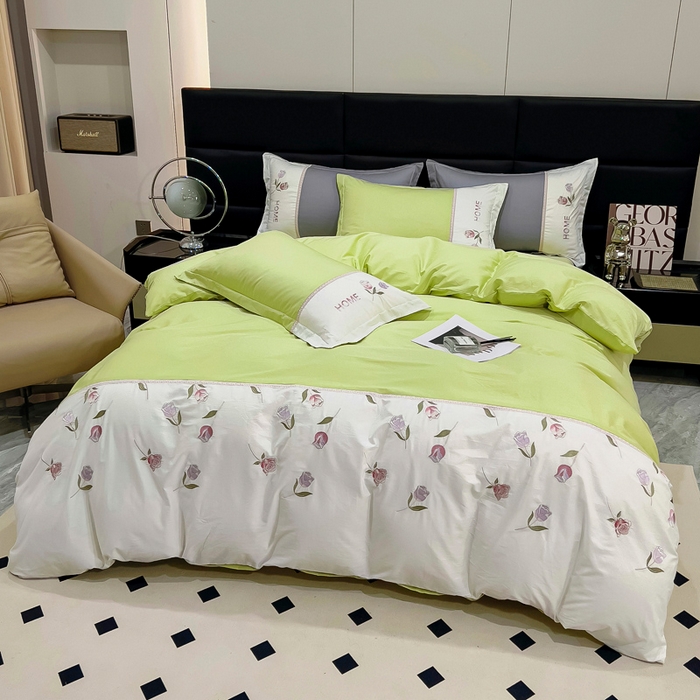 91家纺网 家纺一手货源 找家纺 优姿家纺 2026新款全棉拼接绣花四件套 繁花绿