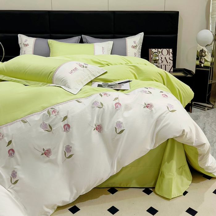 91家纺网 家纺一手货源 找家纺 优姿家纺 2026新款全棉拼接绣花四件套 繁花绿