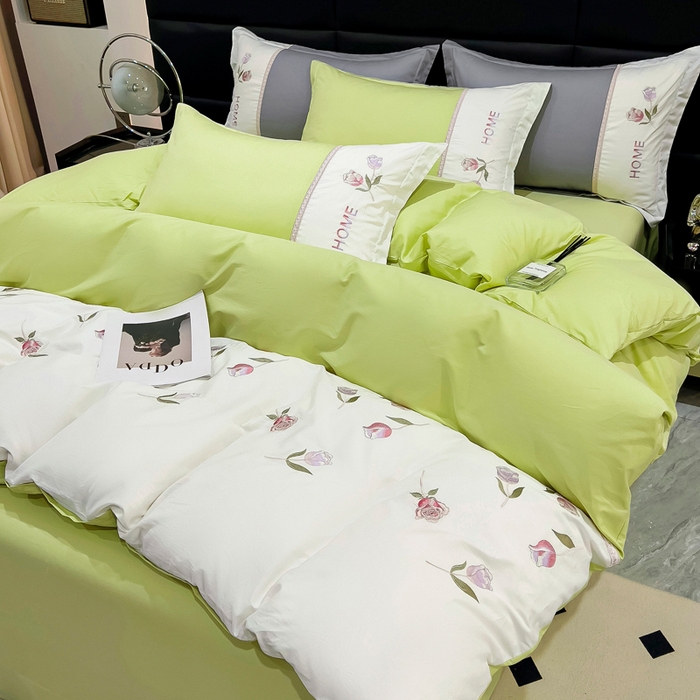 91家纺网 家纺一手货源 找家纺 优姿家纺 2026新款全棉拼接绣花四件套 繁花绿