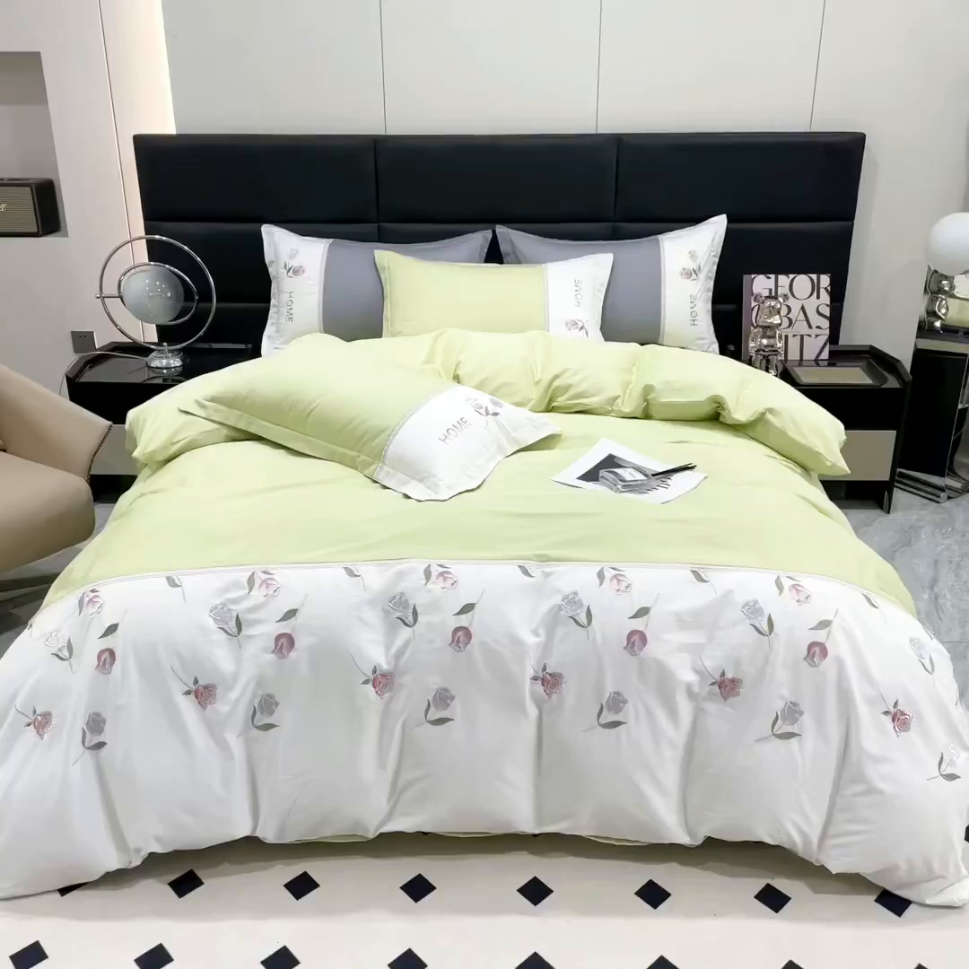 91家纺网 家纺一手货源 找家纺 优姿家纺 2026新款全棉拼接绣花四件套 繁花绿