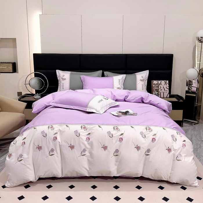 优姿家纺 2026新款全棉拼接绣花四件套 繁花紫