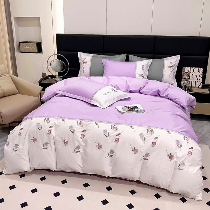 91家纺网 家纺一手货源 找家纺 优姿家纺 2026新款全棉拼接绣花四件套 繁花紫