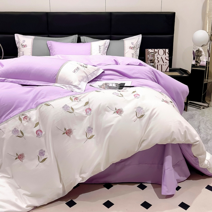 91家纺网 家纺一手货源 找家纺 优姿家纺 2026新款全棉拼接绣花四件套 繁花紫