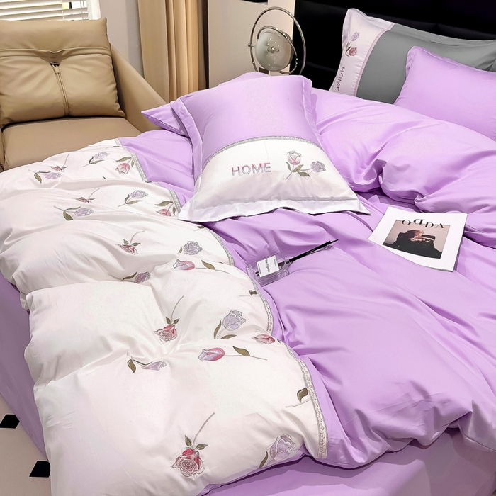 91家纺网 家纺一手货源 找家纺 优姿家纺 2026新款全棉拼接绣花四件套 繁花紫