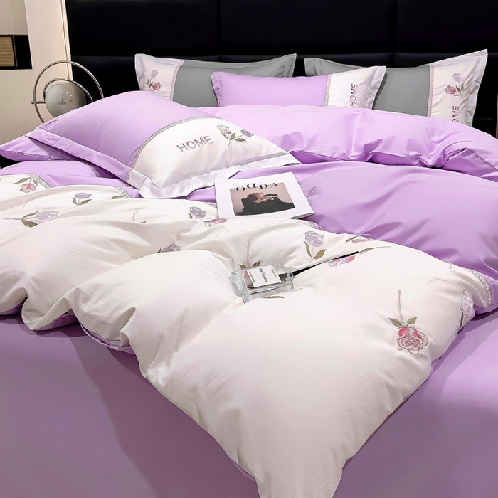 91家纺网 家纺一手货源 找家纺 优姿家纺 2026新款全棉拼接绣花四件套 繁花紫