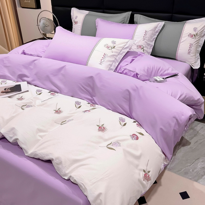 91家纺网 家纺一手货源 找家纺 优姿家纺 2026新款全棉拼接绣花四件套 繁花紫