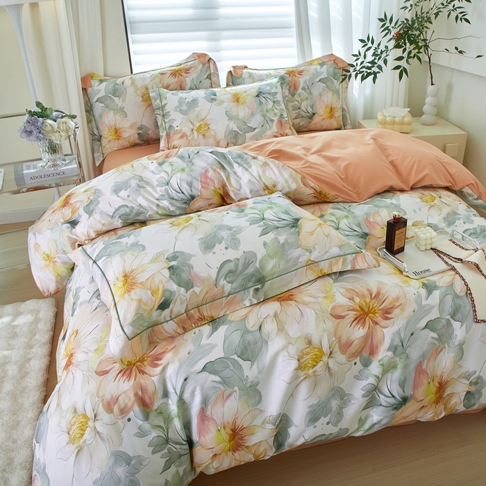 91家纺网 家纺一手货源 找家纺 优姿家纺 2026新款全棉40匹马棉数码印花四件套 花的旅途桔