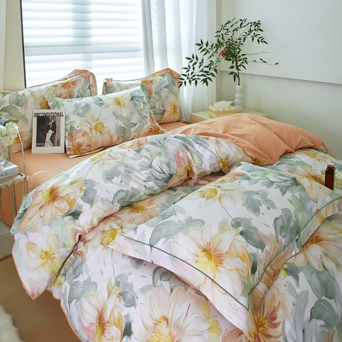 91家纺网 家纺一手货源 找家纺 优姿家纺 2026新款全棉40匹马棉数码印花四件套 花的旅途桔