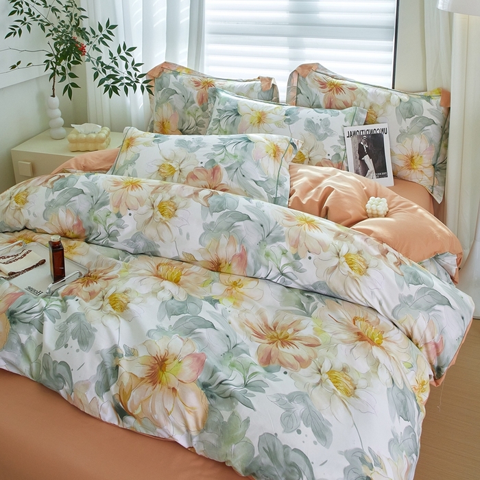 91家纺网 家纺一手货源 找家纺 优姿家纺 2026新款全棉40匹马棉数码印花四件套 花的旅途桔