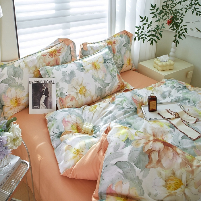 91家纺网 家纺一手货源 找家纺 优姿家纺 2026新款全棉40匹马棉数码印花四件套 花的旅途桔