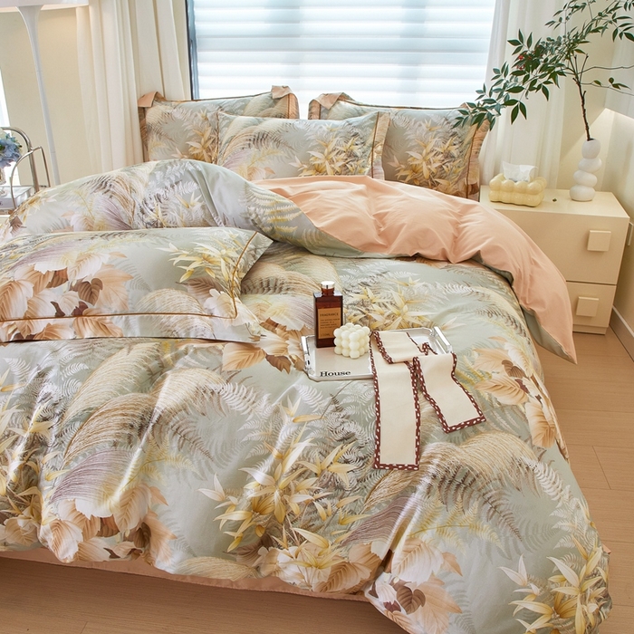 91家纺网 家纺一手货源 找家纺 优姿家纺 2026新款全棉40匹马棉数码印花四件套 暮云春树灰