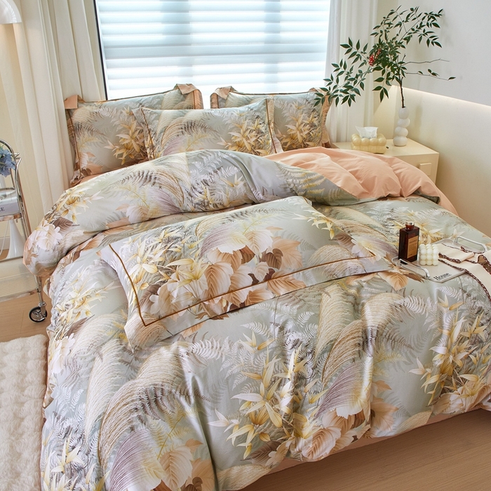 91家纺网 家纺一手货源 找家纺 优姿家纺 2026新款全棉40匹马棉数码印花四件套 暮云春树灰