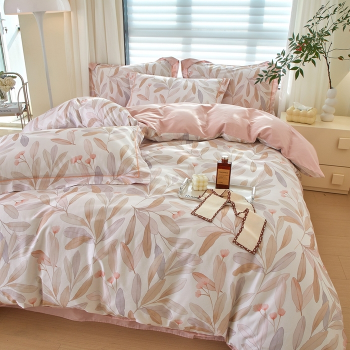 91家纺网 家纺一手货源 找家纺 优姿家纺 2026新款全棉40匹马棉数码印花四件套 清风梦叶粉