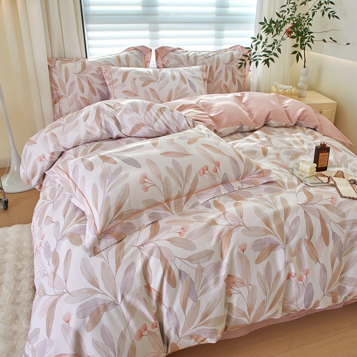 91家纺网 家纺一手货源 找家纺 优姿家纺 2026新款全棉40匹马棉数码印花四件套 清风梦叶粉