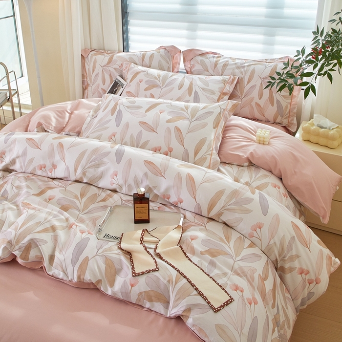 91家纺网 家纺一手货源 找家纺 优姿家纺 2026新款全棉40匹马棉数码印花四件套 清风梦叶粉