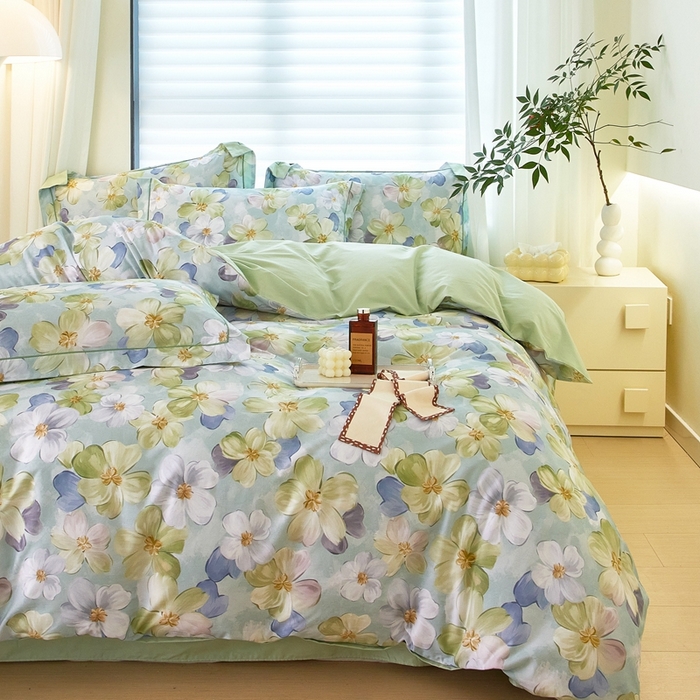 91家纺网 家纺一手货源 找家纺 优姿家纺 2026新款全棉40匹马棉数码印花四件套 田园绿