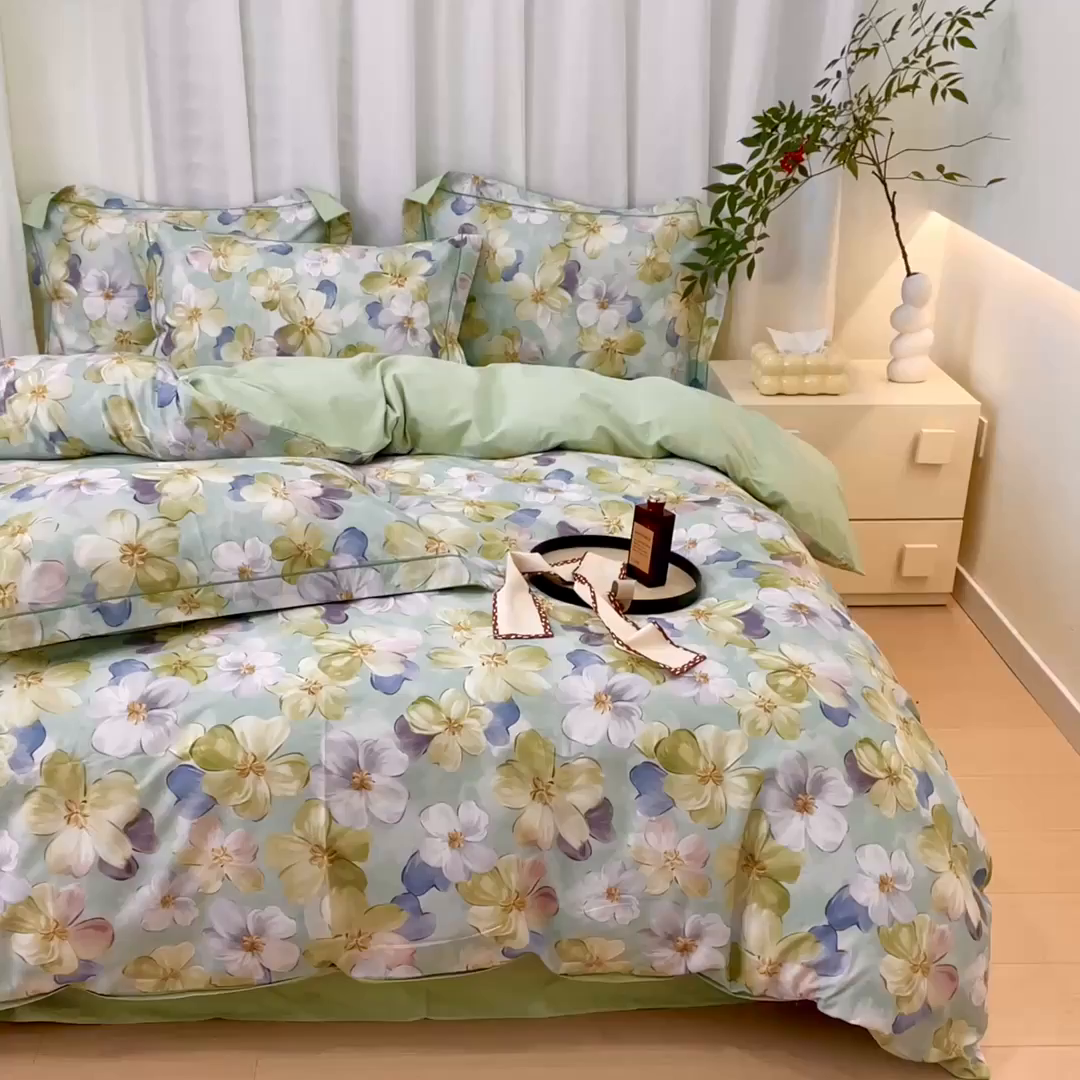 91家纺网 家纺一手货源 找家纺 优姿家纺 2026新款全棉40匹马棉数码印花四件套 田园绿