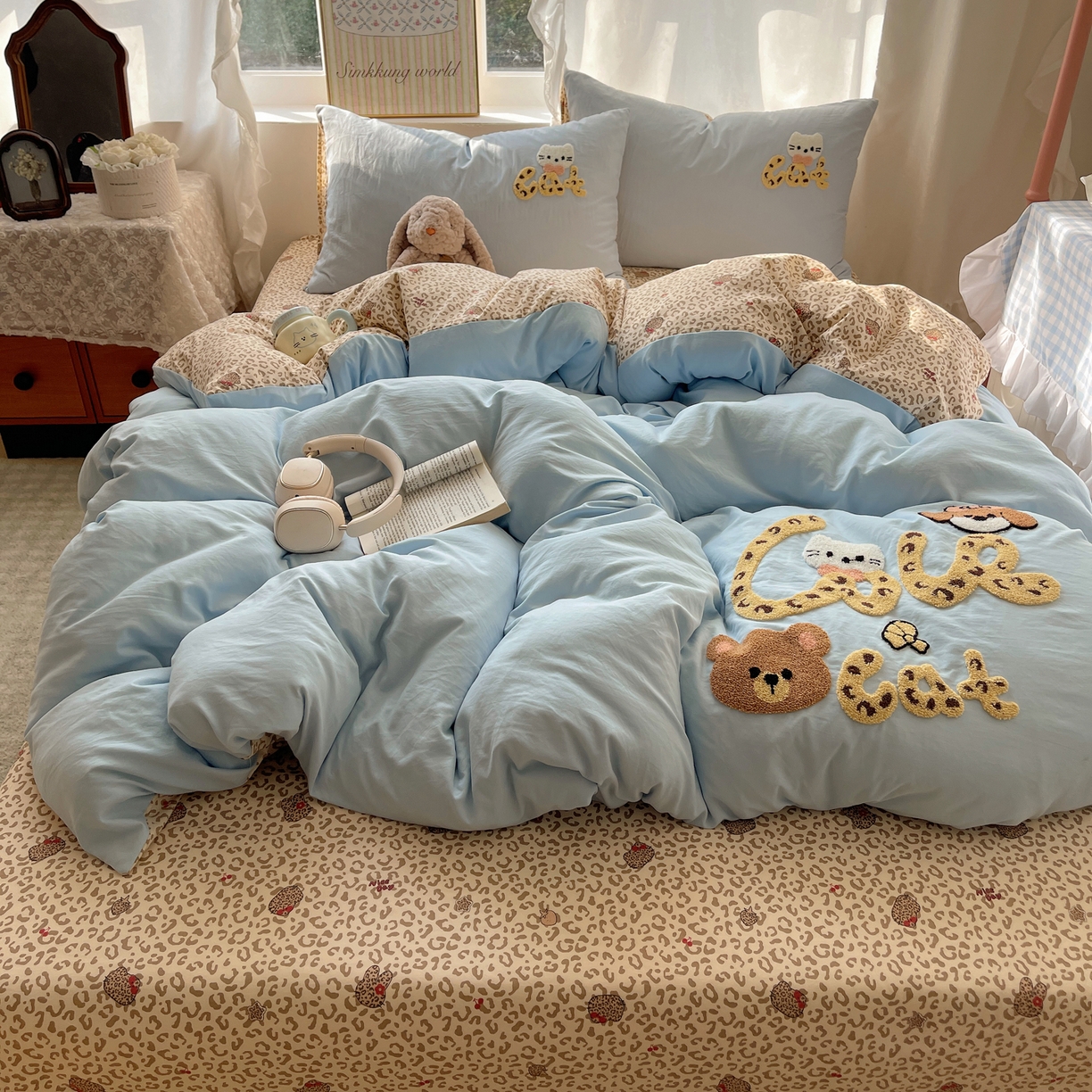 91家纺网 家纺一手货源 找家纺 凯洛奇 2026新款A类卡通豹纹毛巾绣软糯糯水洗棉四件套（提供买家秀） 豹纹萌宠