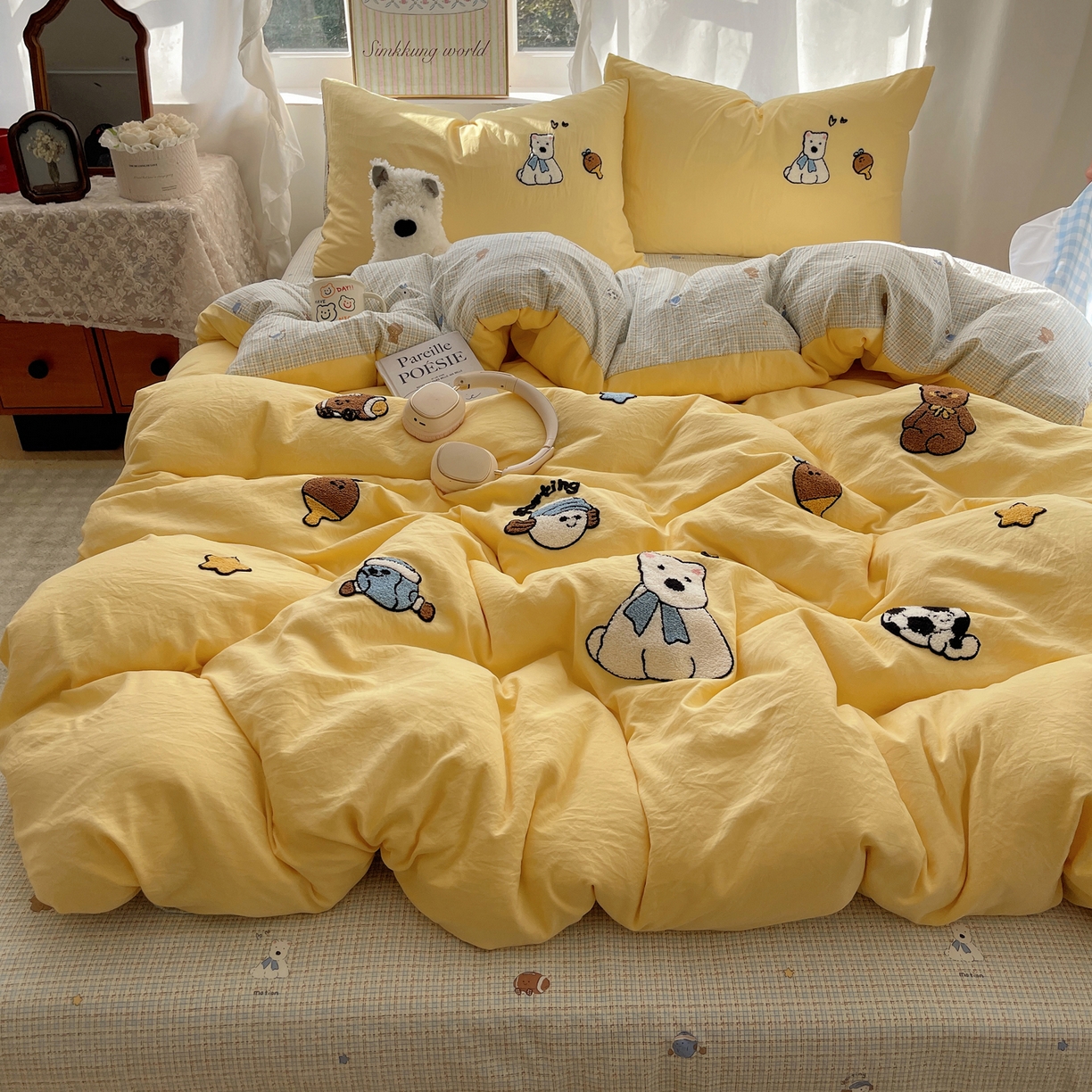 91家纺网 家纺一手货源 找家纺 凯洛奇 2026新款A类卡通豹纹毛巾绣软糯糯水洗棉四件套（提供买家秀） 可爱西高地