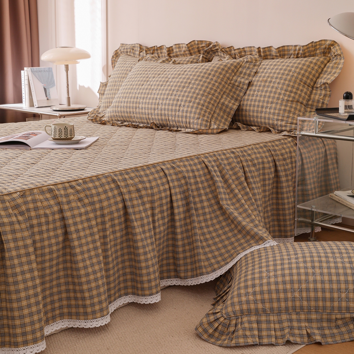 91家纺网 家纺一手货源 找家纺 （总）依蔓羽 2026新款全棉纯棉色织水洗米床裙三件套单品床裙单件床裙