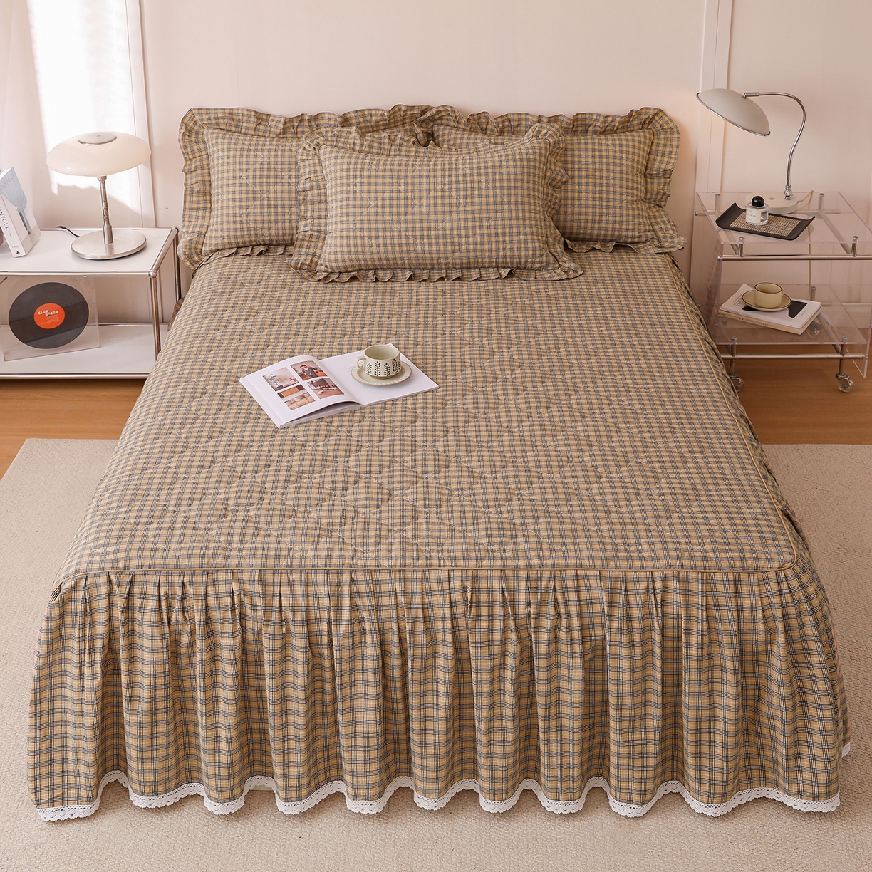 91家纺网 家纺一手货源 找家纺 （总）依蔓羽 2026新款全棉纯棉色织水洗米床裙三件套单品床裙单件床裙