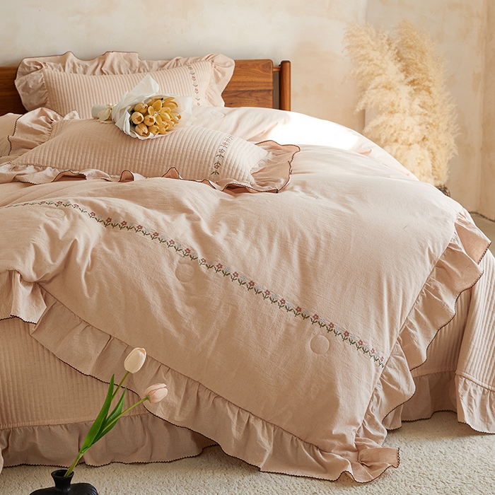 上喜 2026新款棉麻小花刺绣款床盖多功能被子系列 麻粉色