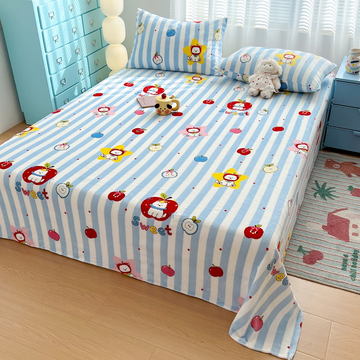 91家纺网 家纺一手货源 找家纺 金鑫汇家纺 2025年加厚高克重A类牛奶绒单床单 床单单件 苹果萌狗