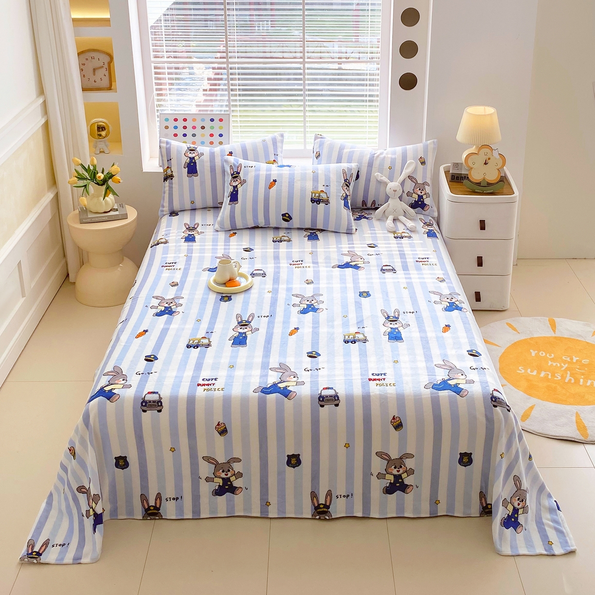 91家纺网 家纺一手货源 找家纺 金鑫汇家纺 2025年加厚高克重A类牛奶绒单床单 床单单件 兔子警官