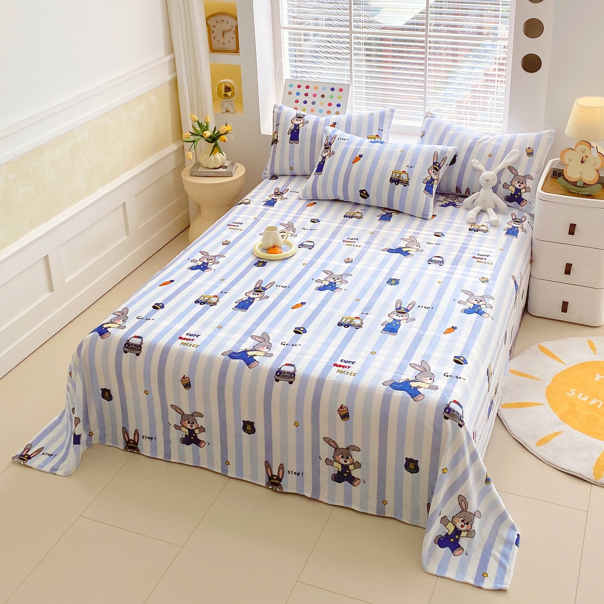 91家纺网 家纺一手货源 找家纺 金鑫汇家纺 2025年加厚高克重A类牛奶绒单床单 床单单件 兔子警官