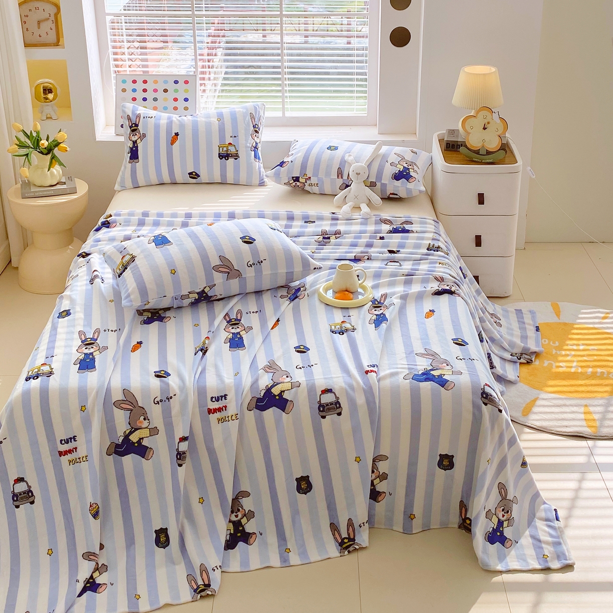 91家纺网 家纺一手货源 找家纺 金鑫汇家纺 2025年加厚高克重A类牛奶绒单床单 床单单件 兔子警官