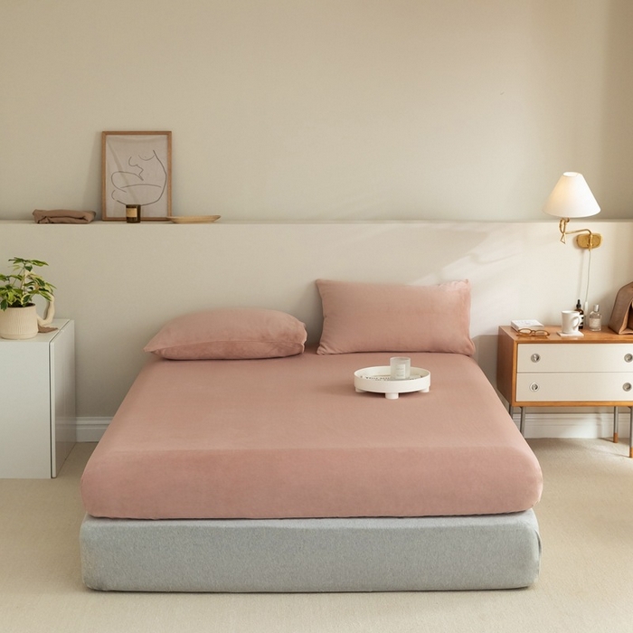 良品汇馆 2025新款牛奶绒单品床笠单件床笠良品秋冬保暖绒布床套纯色加厚 吸湿排汗款-樱花粉