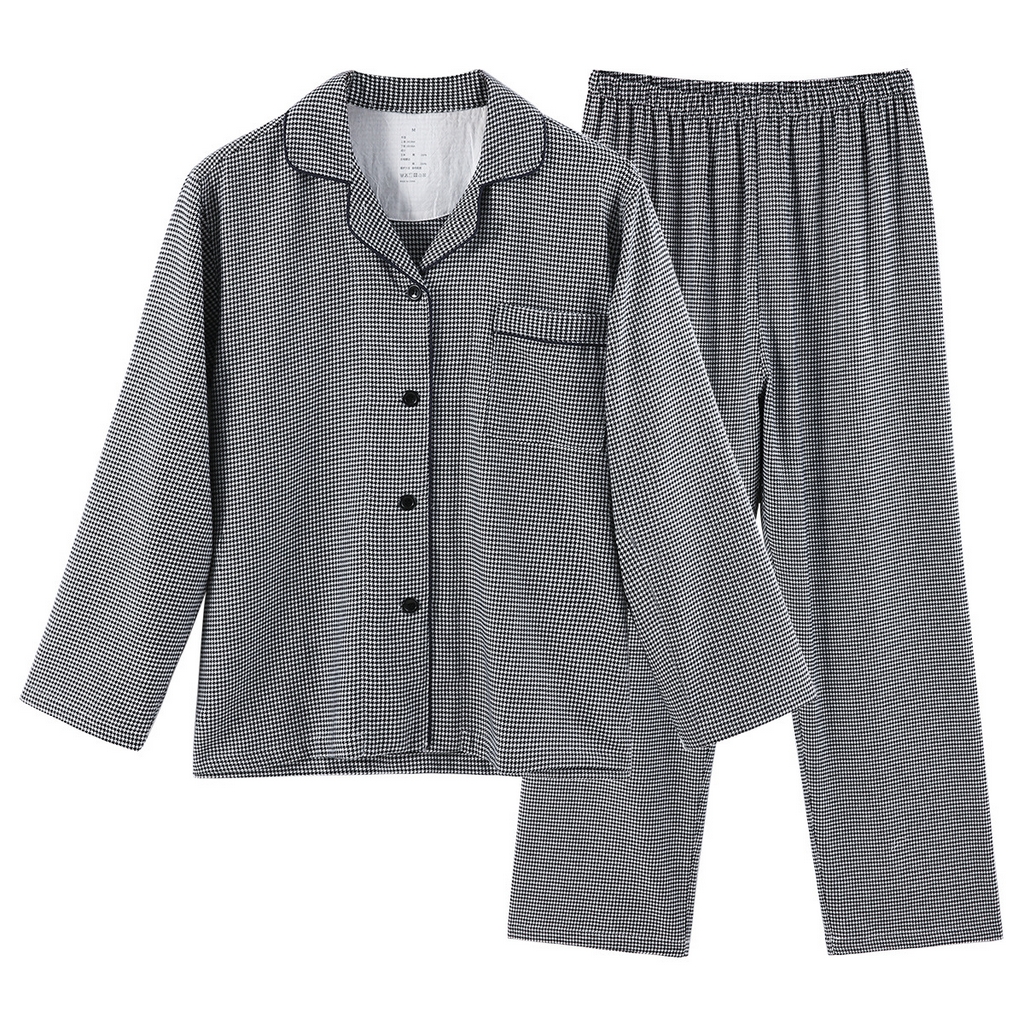 91家纺网 家纺一手货源 找家纺 良品汇馆 2025新款全棉情侣家居服套装千鸟格法兰绒家居服男士女士睡衣 黑白千鸟格-女