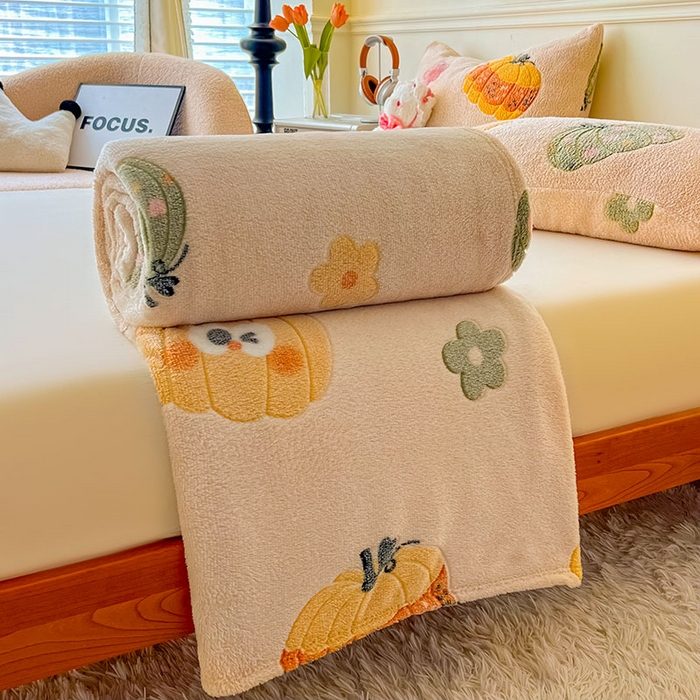 91家纺网 家纺一手货源 找家纺 爱彼家纺 2025热门冬季加厚雪花绒印花多功能毛毯毯子修色图-系列二 南瓜乐园