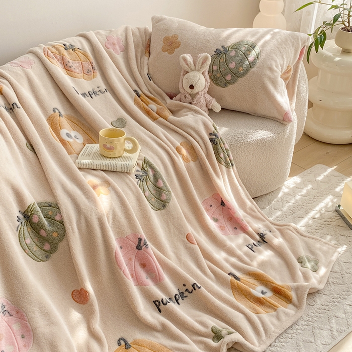 91家纺网 家纺一手货源 找家纺 爱彼家纺 2025热门冬季加厚雪花绒印花多功能毛毯毯子修色图-系列二 南瓜乐园