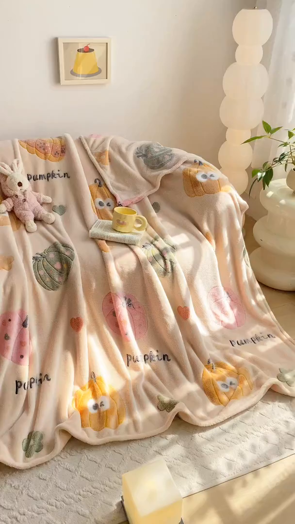 91家纺网 家纺一手货源 找家纺 爱彼家纺 2025热门冬季加厚雪花绒印花多功能毛毯毯子修色图-系列二 南瓜乐园