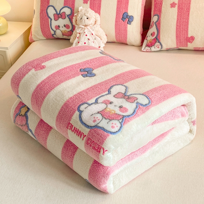 91家纺网 家纺一手货源 找家纺 爱彼家纺 2025热门冬季加厚雪花绒印花多功能毛毯毯子修色图-系列二 条纹兔