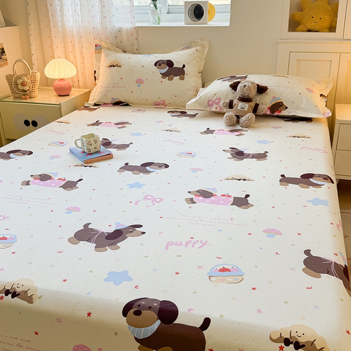 91家纺网 家纺一手货源 找家纺 名优家纺 2026新款12868全棉印花床笠 困困腊肠狗