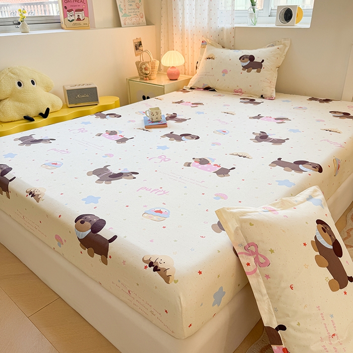 91家纺网 家纺一手货源 找家纺 名优家纺 2026新款12868全棉印花床笠 困困腊肠狗