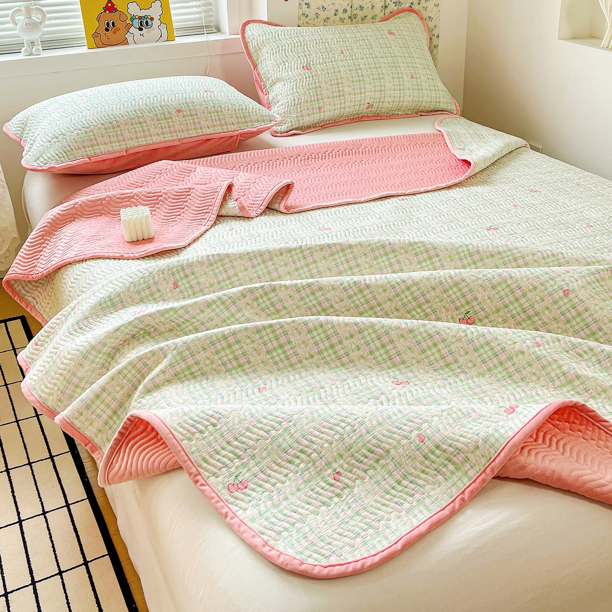 91家纺网 家纺一手货源 找家纺 （总）梦精灵 2025新款棉加绒床盖全棉学生床夹棉床盖双面可用纯棉床单（棉加绒枕套）